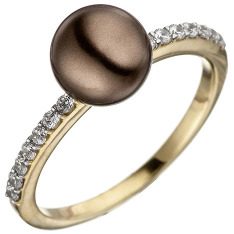 Colfem Ring 333 Gelbgold bicolor, dunkle Perle, Zirkonia, Damen, Größe 60 - Bild 1