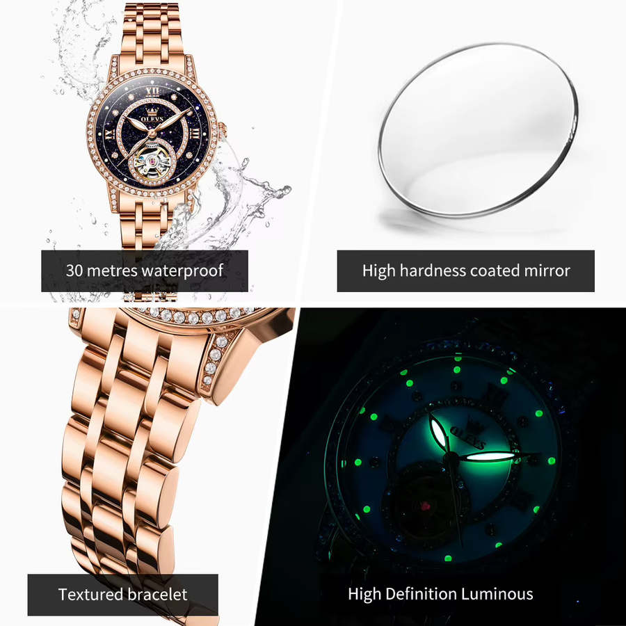 OLEVS Armbanduhr Automatik, Edelstahl, Roségold, Diamant, Damen - Bild 4