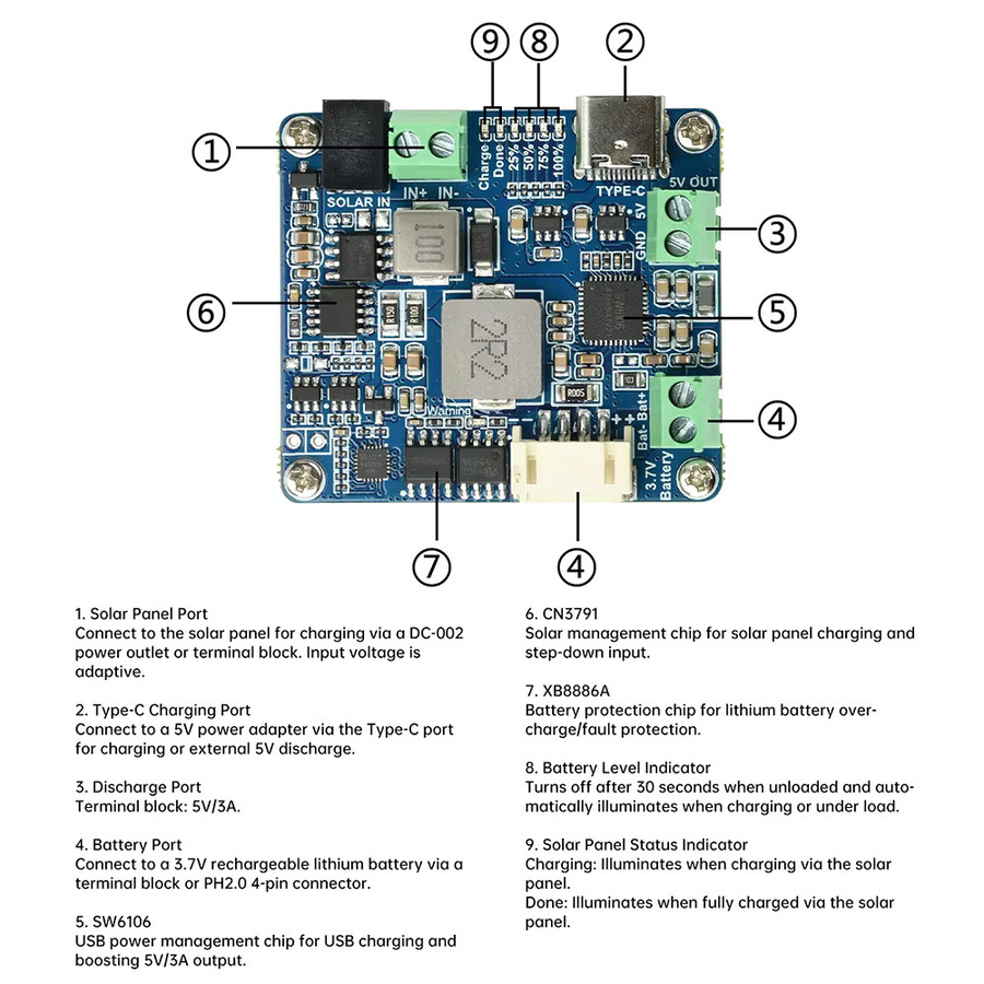 Solar Power Manager Modul D in Blau für Arduino, Jetson und Raspberry Pi zum Laden von Li-Akkus mit 5V 3A Ausgang für 6 bis 24V Solarmodule - Bild 4
