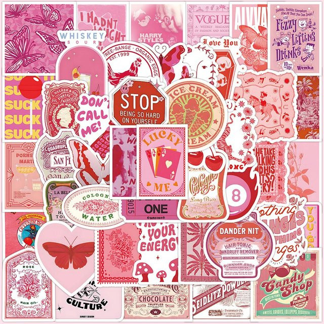 60 Stück Retro-Aufkleber in Pink mit Schmetterlings- und Slogan-Designs für Journaling und Dekoration - Bild 1