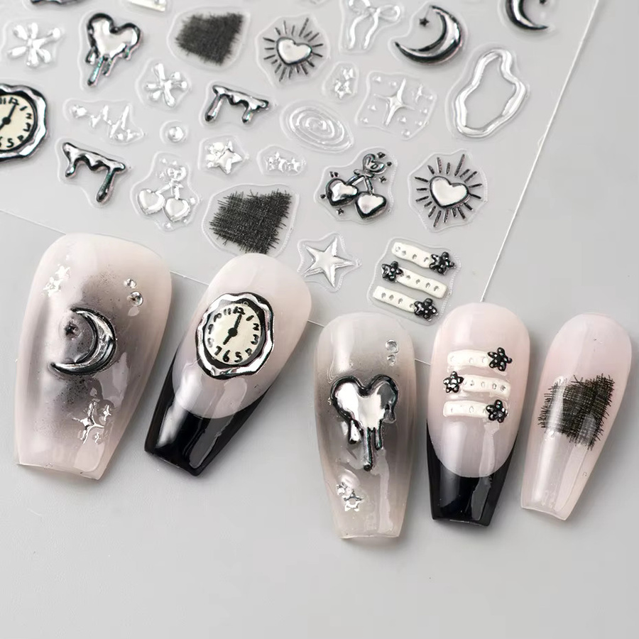 Full Beauty Nagelaufkleber 3D, Silberne Herz-Uhr, Mond Stern Schleifenmuster, 2 Stück - Bild 3