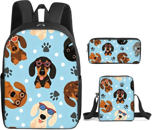 BAOERYE 3-teiliges Schultaschen-Set mit Dackel-Aufdruck in Blau bestehend aus Rucksack, Umhängetasche und Federmäppchen für Jungen und Mädchen - Bild 1