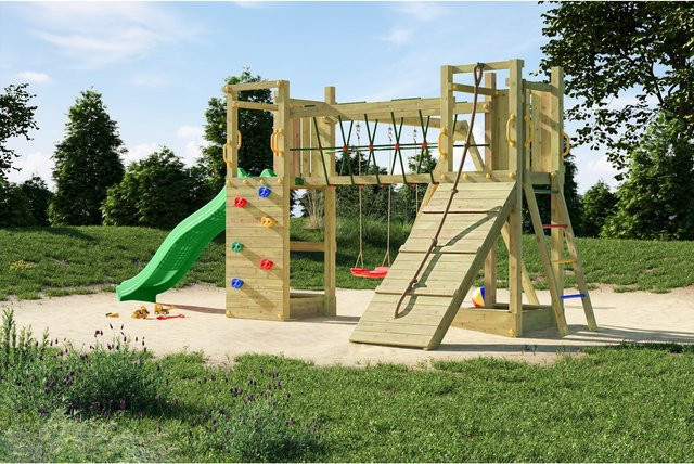 Fungoo Spielturm Maxi Funny Exposure in Natur mit Doppelschaukel, Rutsche, Kletterwand und Rampe - Bild 3