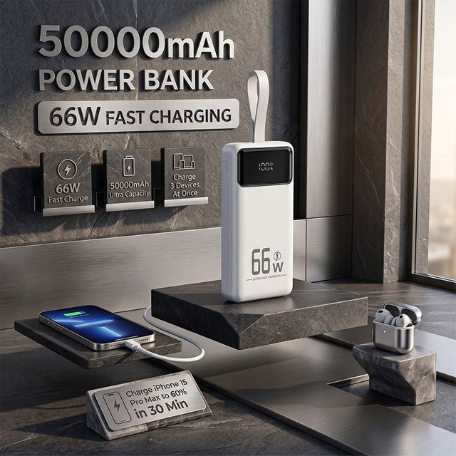 Cohana Hochleistungs-Powerbank 50000mAh mit 66W Schnellladung, Multi-Port-Ladegerät für iOS und Android in Weiß mit LED-Taschenlampe - Bild 1