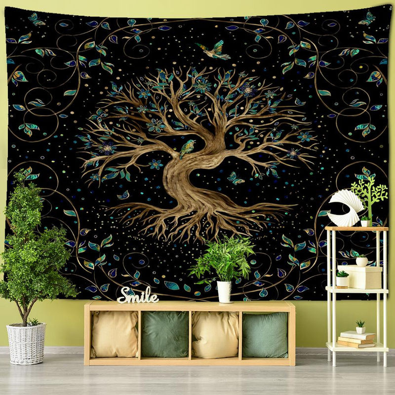 Binchi Outdoor Equipment Wandbehang Baum des Lebens im Bohemian Stil, psychedelischer Engel mit floralem Muster, Schwarz, B/H: 95 x 70 cm - Bild 2
