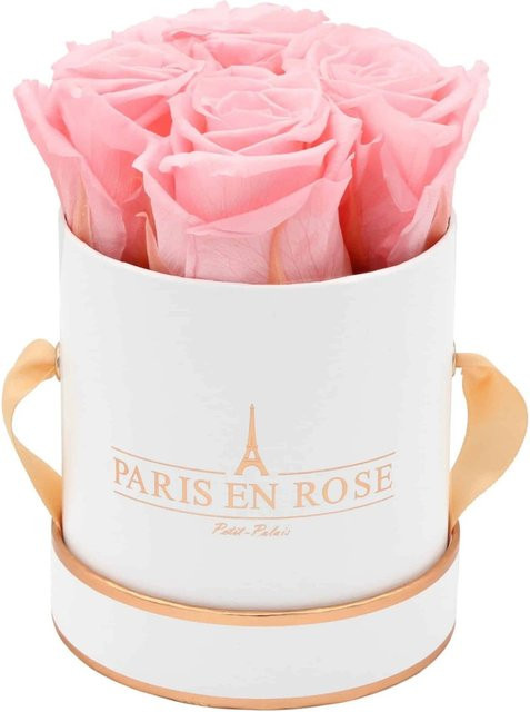 PARIS EN ROSE Rosenbox rund in Weiß-Roségold mit 4 rosa Rosen, Durchmesser: 10 cm - Bild 1