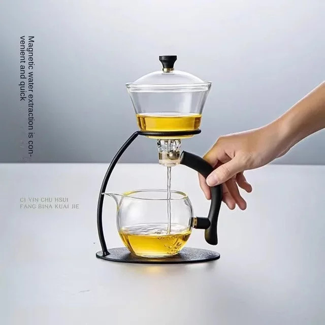 VINRITO Halbautomatisches Teeset aus Blütenblattglas mit Teetablett, transparent/schwarz - Bild 1