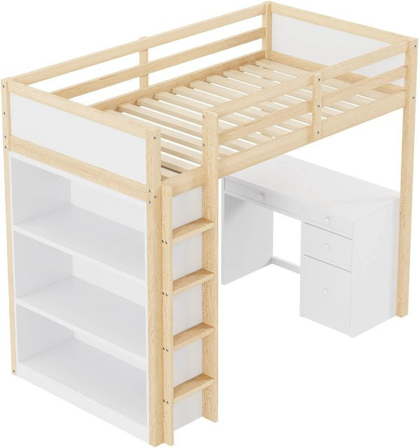 KOMHTOM Multifunktionales Kinder-Hochbett aus Kiefernholz und MDF mit Aufbewahrungsschränken und Computertisch, Farbe Weiß und Holzfarbe, B/T/H: 200 x 90 x 180 cm - Bild 1