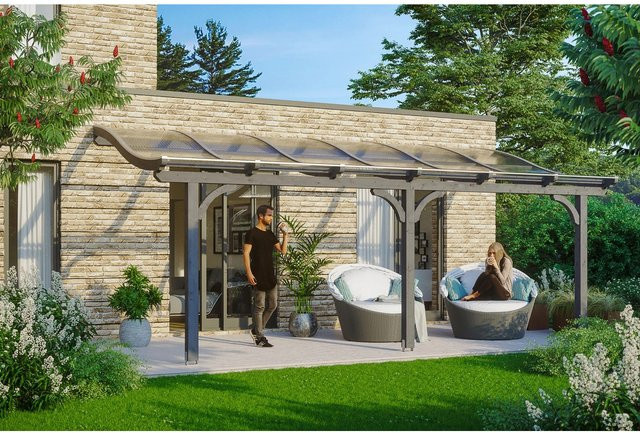 Skan Holz Terrassenüberdachung Venezia aus Leimholz in Schiefergrau mit Polycarbonat-Dach, B/T/H: 648 x 339 cm - Bild 1