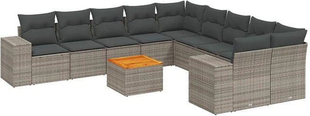 vidaXL 11-tlg Garten-Sofagarnitur in L-Form aus Polyrattan mit Kissen in Grau - Bild 1