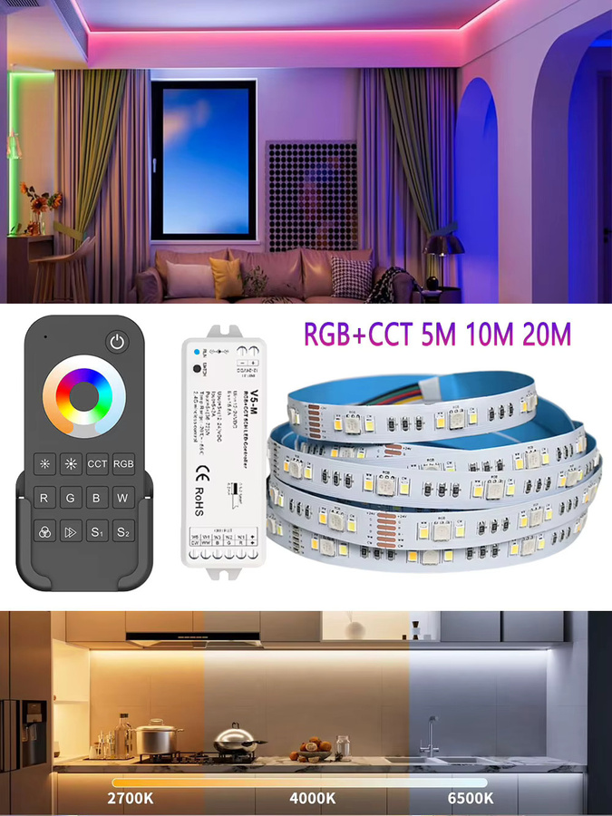 CENFAYA RGBW LED-Streifen Set mit RF Fernbedienung, 24V 5050 SMD, dimmbar, Multicolour und Weiß für Akzentbeleuchtung und Dekoration - Bild 5