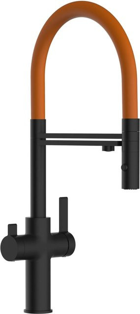 VIZIO Küchenarmatur mit 3-Wege-Wasserhahn, 360 Grad schwenkbarer Auslauf und abnehmbarer 2-Strahl Handbrause, Schwarz Matt mit Orange - Bild 1