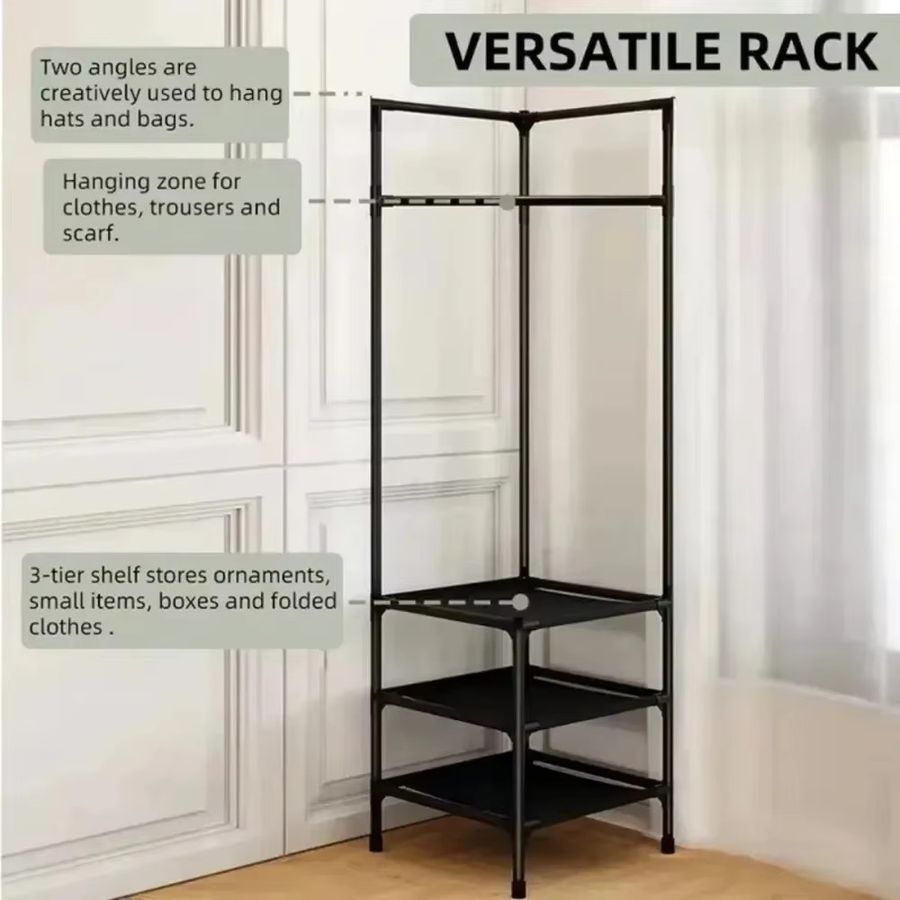 LIUSHADUOLA Kleiderständer für das Schlafzimmer in Schwarz mit minimalistischem Design als Eckregal und Kleiderbügel - Bild 2