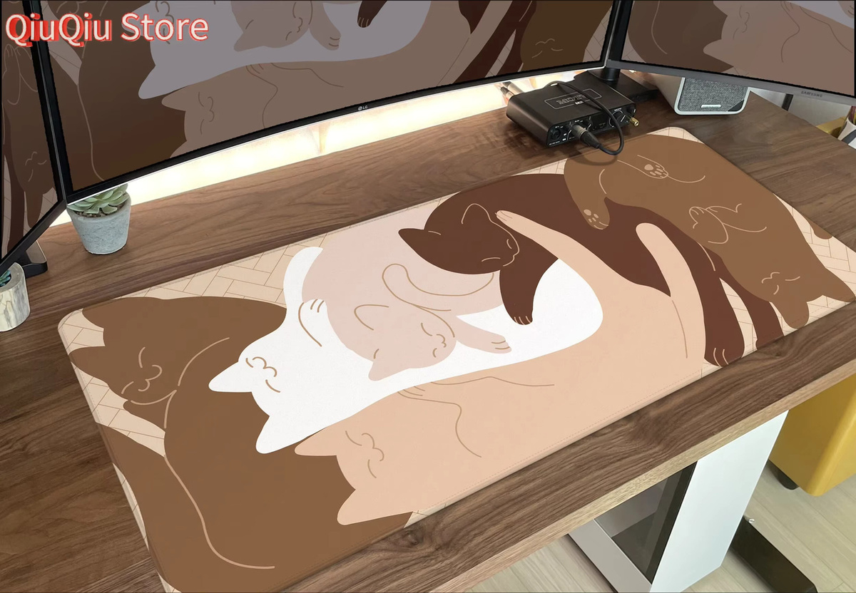 Potdemiel Schreibtischunterlage mit schlafenden Katzen in Beige und Braun, Ästhetisches XXL Mauspad für Gaming und Tastatur - Bild 2