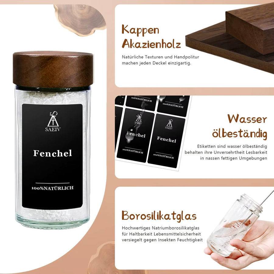 SIAZIH Gewürzglas Set aus Glas mit Rosenholzdeckel und Gewürzetiketten, transparent/braun, 100 ml pro Glas - Bild 4