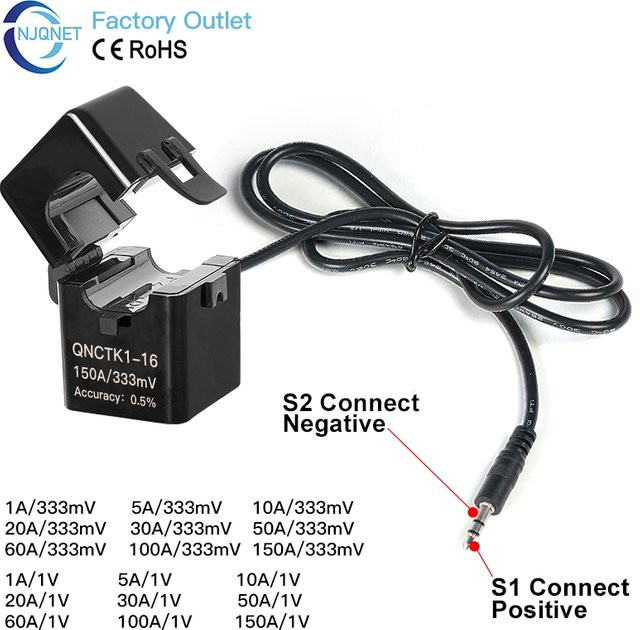 NJQNET Split-Core-Stromwandler QNCTK1-16 Stromsensor Schwarz 100A 333mV - Bild 1