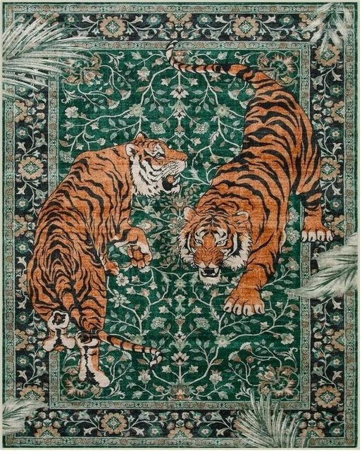 Maschinenwaschbarer Flanell-Teppich Lodestar mit Dschungel-Tiger-Design in Grün, B/T: 60 x 40 cm - Bild 1