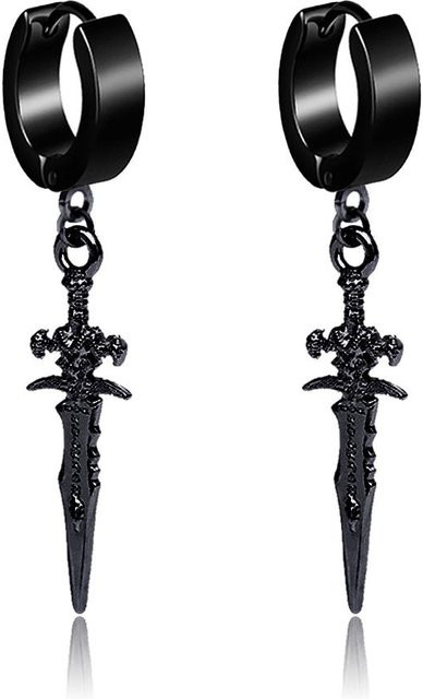 YULIN Creolen Ohrringe, Edelstahl, Schwarz, Silber, Schwert, Totenkopf, Unisex - Bild 1