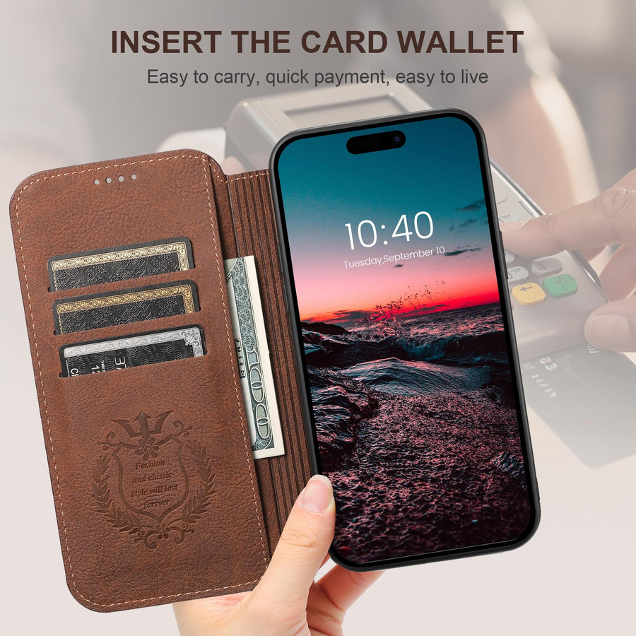 Suteni MagSafe Leder Luxus-Telefonhülle mit Kartenhalter als Flip Wallet für iPhone 12 13 14 15 Pro Max Plus in Schwarz oder Braun - Bild 2