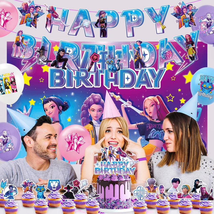 Yiran toy 1 K-POP Dämonenjäger Geburtstagsparty Dekorationsset in Rot und Multicolour mit Banner, Luftballons, Kuchenaufsatz und Hintergrund - Bild 2