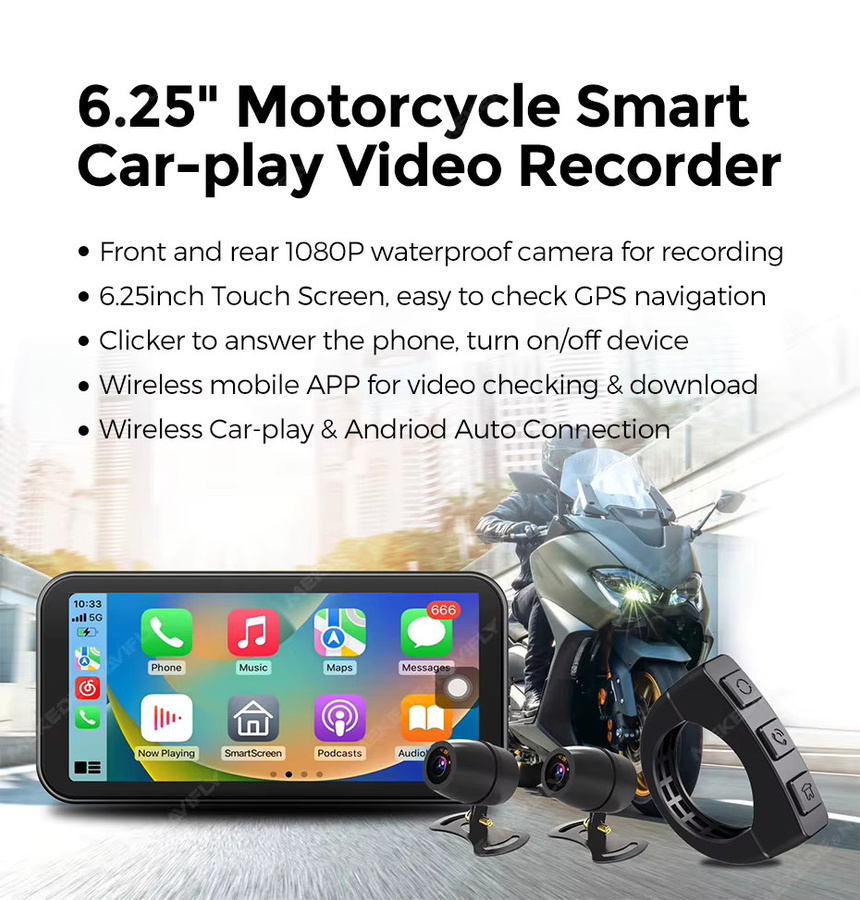 TomoStrong Tragbares Motorrad GPS Navigationsgerät mit 6,25 Zoll Display, IP67 Wasserdicht, Wireless CarPlay und Android Auto, DVR Stick Recorder mit Dual Bluetooth, Schwarz - Bild 7