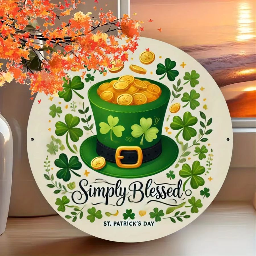 Simply Blessed Garden Art Wanddekoration aus Metall für St. Patrick's Day, rundes Eisen-Schild mit Koboldhut und Kleeblatt, Grün, Durchmesser: 20,32 cm - Bild 3