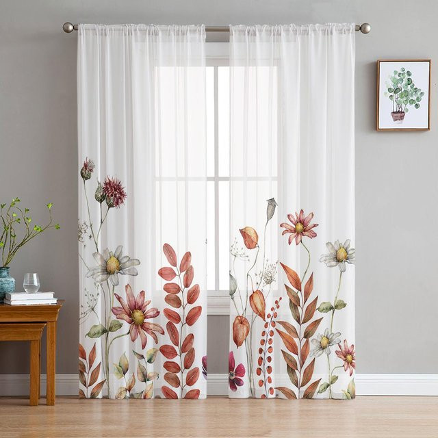 Yiran Furniture Transparente Voile-Vorhänge mit Blumenmuster in Weiß, 2er-Set, B: 50 cm, H: 130 cm - Bild 1