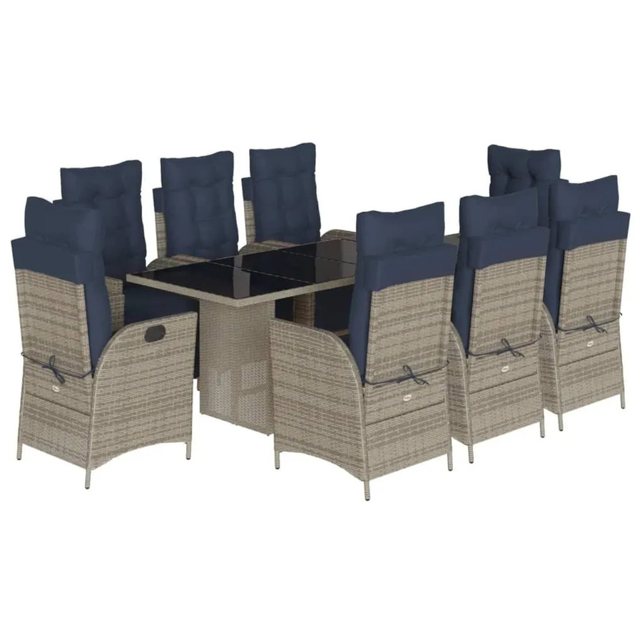 vidaXL 9-teilige Garten-Essgruppe aus grauem Poly-Rattan mit Kissen und Hartglas-Tischplatte - Bild 2