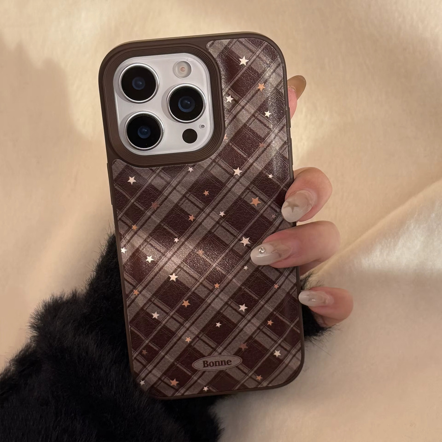 Stoßfeste Handyhülle mit koreanischem geometrischem Karomuster und Sternen in Ledertextur für iPhone 11 bis iPhone 17 Pro Max, Farbe: Braun - Bild 4