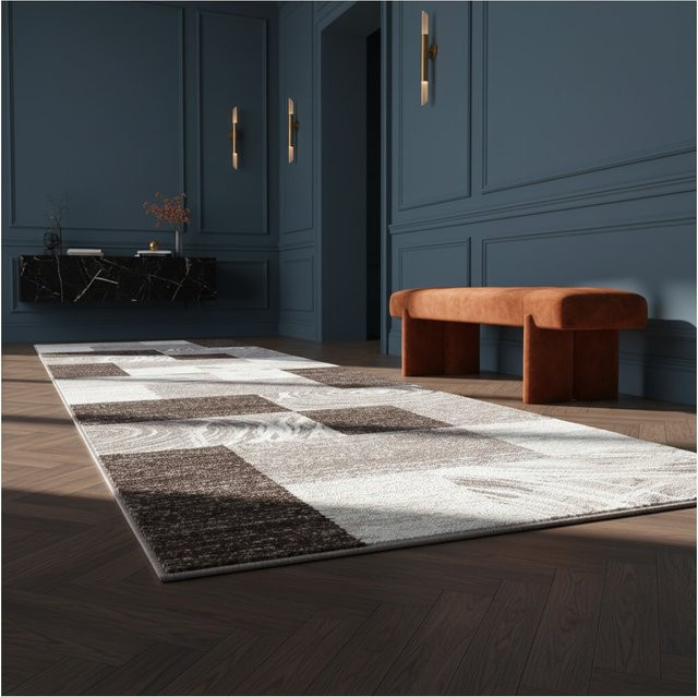 Kurzflorteppich DRAU von Kadima Design, abstrakt kariert, Braun/Multicolour, B: 80 cm, L: 300 cm - Bild 1