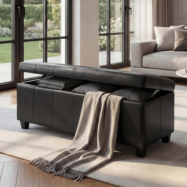 MCW Aufbewahrungstruhe Sitzbank Kriens aus Leder und Kunstleder in Schwarz, B/T/H: 112 x 45 x 45 cm - Bild 1