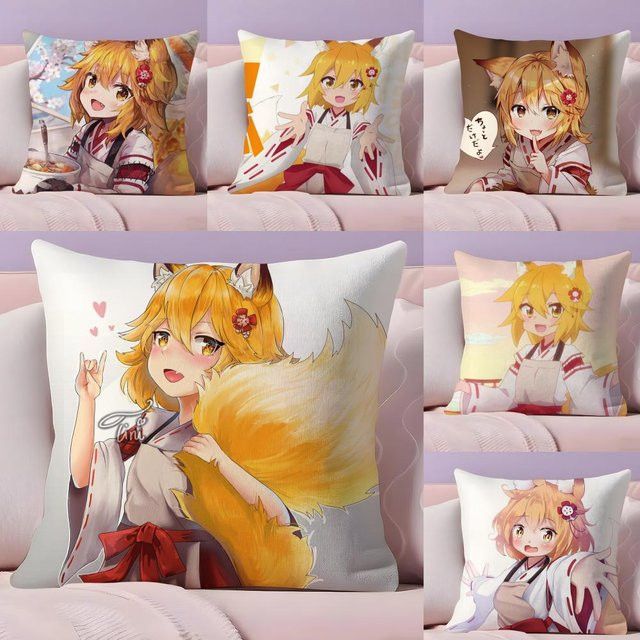 H-Helpful Fox S-Senko-san Kissenbezug aus Plüschstoff in Schwarz, doppelseitig bedruckt und weich - Bild 1
