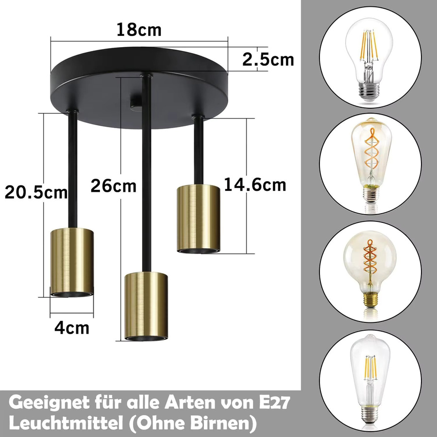 Cliheet Deckenleuchte Gold und Schwarz, 3-flammige Vintage Industrielampe mit E27 Fassungen für Wohnzimmer und Flur - Bild 4