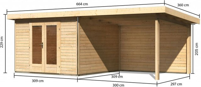 Gartenhaus aus Holz RADEBURG 1 in Naturbelassen mit Anbaudach und Rückwand, B/T: 309 x 309 m - Bild 1