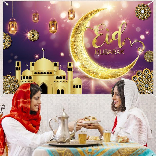VIKAMA Eid al Fitr Mubarak Wandteppich in Lila-Gold mit Moschee-Motiv als islamische Wanddekoration für Ramadan und Partys - Bild 1
