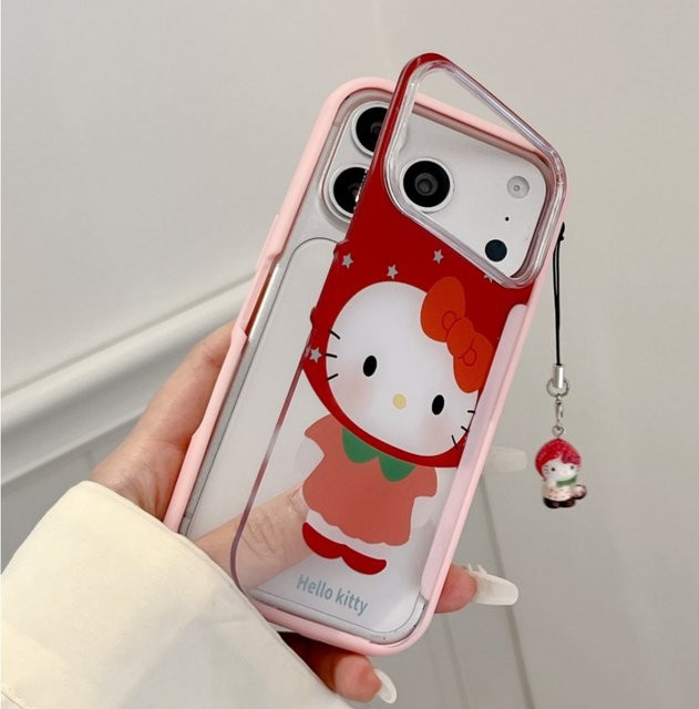 Sanrio Hello Kitty Handyhülle mit Erdbeer-Design und Flip-Stand für iPhone 16 15 14 Pro Max 13 inkl. Erdbeer-Anhänger - Bild 1