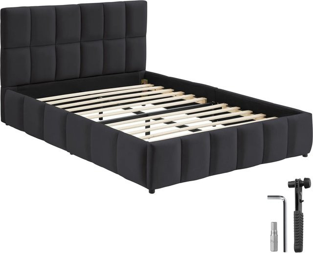 Tectake Polsterbett Shirley mit Samtbezug und Steppmuster in Schwarz, H x B x T: 93 x 133 x 220 cm mit integriertem Lattenrost - Bild 1