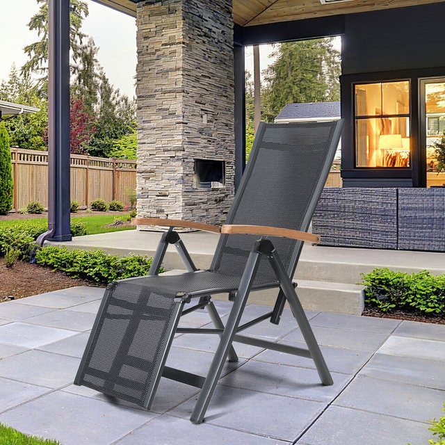 OUTFLEXX Relaxsessel aus Aluminium und Teak in Anthrazit Matt mit verstellbarer Kopfstütze und Armlehnen, B/T/H: 73 x 62 x 111 cm - Bild 1