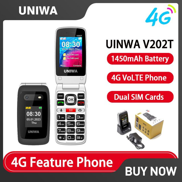 UNIWA V202T 4G VoLTE Klapphandy in Blau mit zwei Bildschirmen, Dual-SIM und SOS-Taste - Bild 1