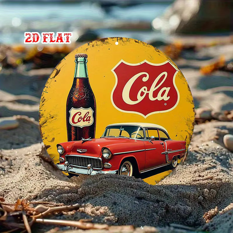 Potdemiel Metallblechschild Vintage Red Car & Cola Beverage Rund, Durchmesser: 20 cm, Farbe: Rot/Mehrfarbig - Bild 4