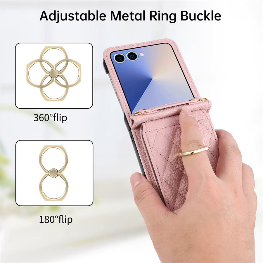 Leder Umhängetasche mit Ringhalter und Brieftasche als Handyhülle für Samsung Galaxy Z Flip 7 6 5 4 3 und FE in Beige oder Pink - Bild 2