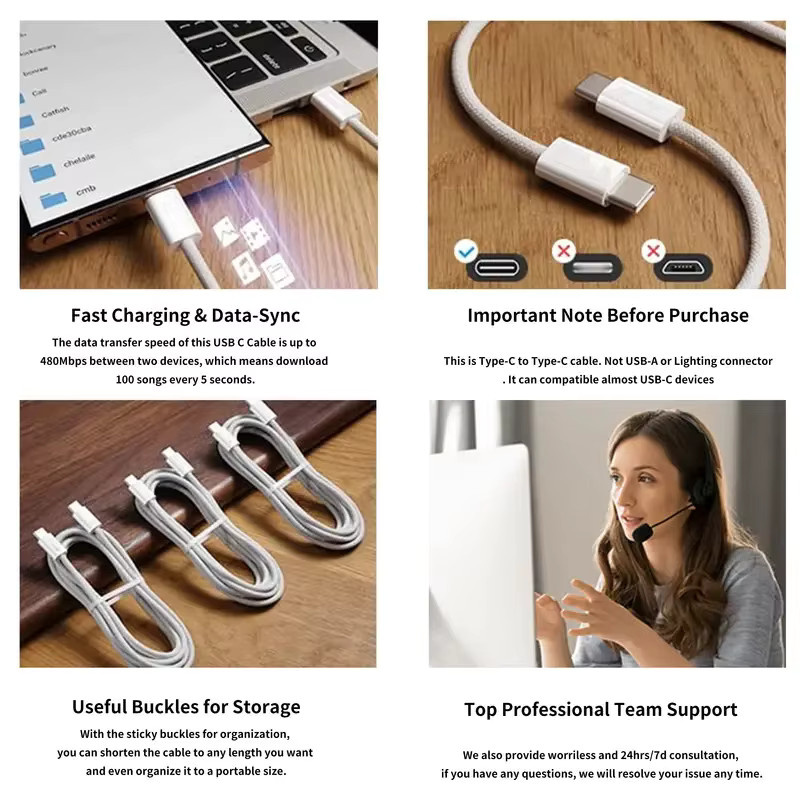 USB-C auf USB-C Ladekabel 60 W für Apple iPhone 15, Huawei, Xiaomi und Samsung, lila geflochtenes Kabel - Bild 5