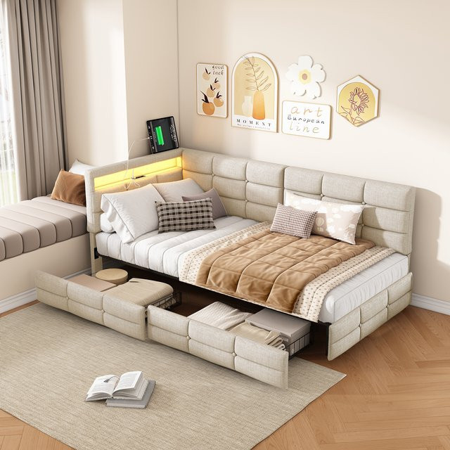 Rosahqnda Polsterbett in Beige mit LED-Beleuchtung, USB-Anschluss und 2 Stauraum-Schubladen, B/T: 140 x 190 cm - Bild 1