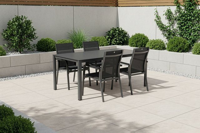 Kettler BasicPlus Premium Esstischgarnitur aus Aluminium und Textilene in Anthrazit/Schwarz mit Tisch und 4 Stapelsesseln, Tisch B: 160 cm, T: 95 cm, H: 75 cm - Bild 1