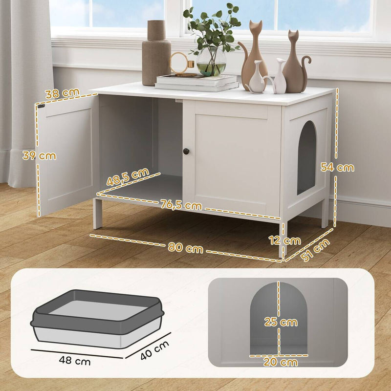 PawHut Katzenklo-Schrank mit Tür und Trennwand in Weiß, Beistelltisch und Katzenhaus aus MDF, B/T/H: 80 x 51 x 54 cm - Bild 3