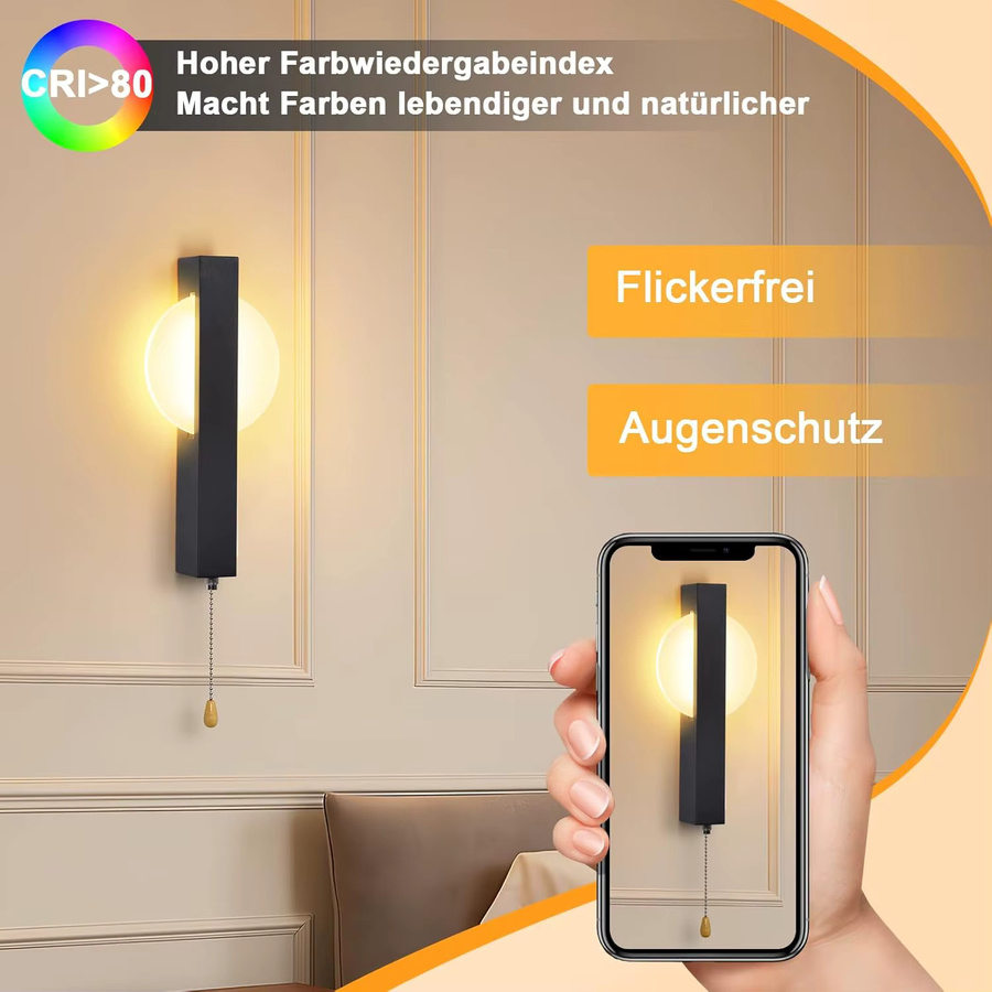 Moderne LED-Wandlampe in Schwarz mit Zugschalter, runde Wandleuchte aus Metall und Kunststoff für Wohnzimmer, Flur und Schlafzimmer, 6 W, Warmweiß 3000 K - Bild 5