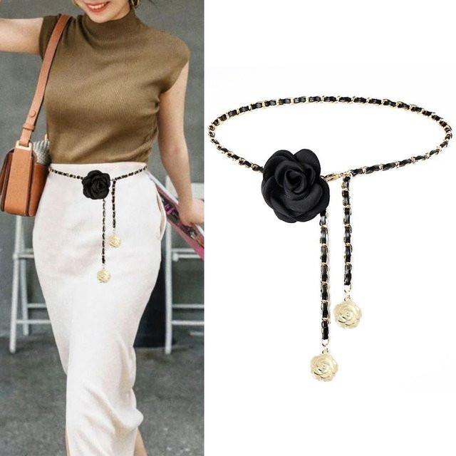 Taillengürtel Kamelie Blume, Leder, Metallkette, Damen - Bild 1