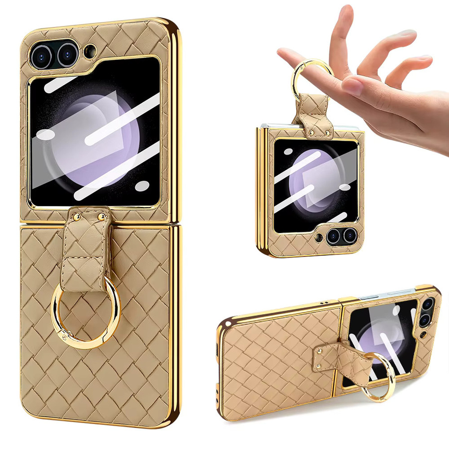 Stoßfeste Handyhülle aus PU-Leder mit gewebtem Muster und Glasfrontfolie für Samsung Galaxy Z Flip7, Z Flip6, Z Flip5, Z Flip4, Z Flip3 in Braun mit Fingerringhalterung - Bild 2
