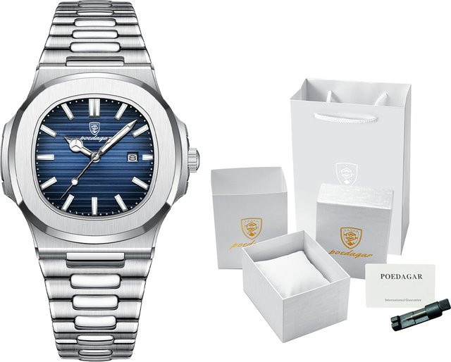 POEDAGAR Armbanduhr Quarz, Edelstahl, Blau, Herren - Bild 1