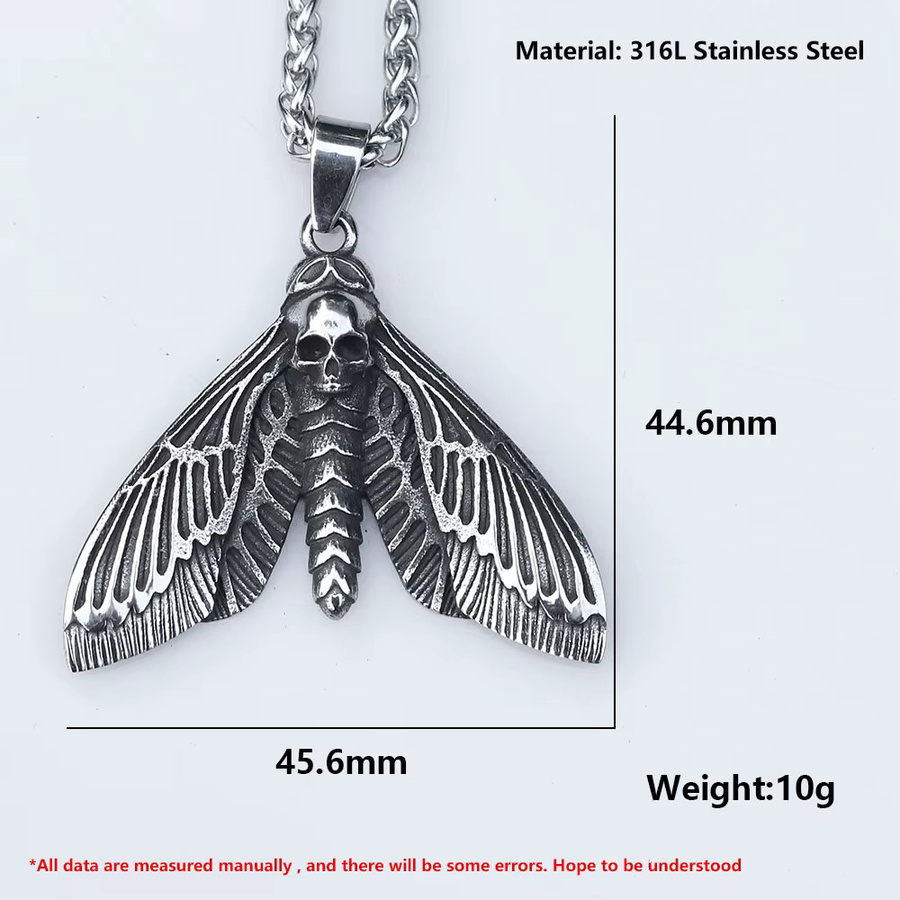 Halskette Edelstahl, Totenkopf, Schmetterling, Motte, Herren, Silber - Bild 4